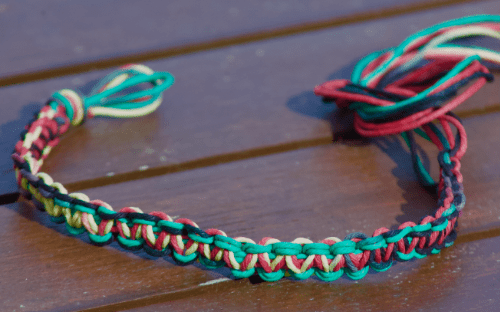 A handmade multicolor hemp wish bracelet